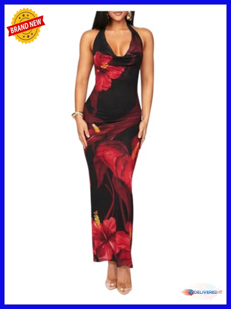 Bodycon Halter Maxi Dress Backless Cowl Neck Party